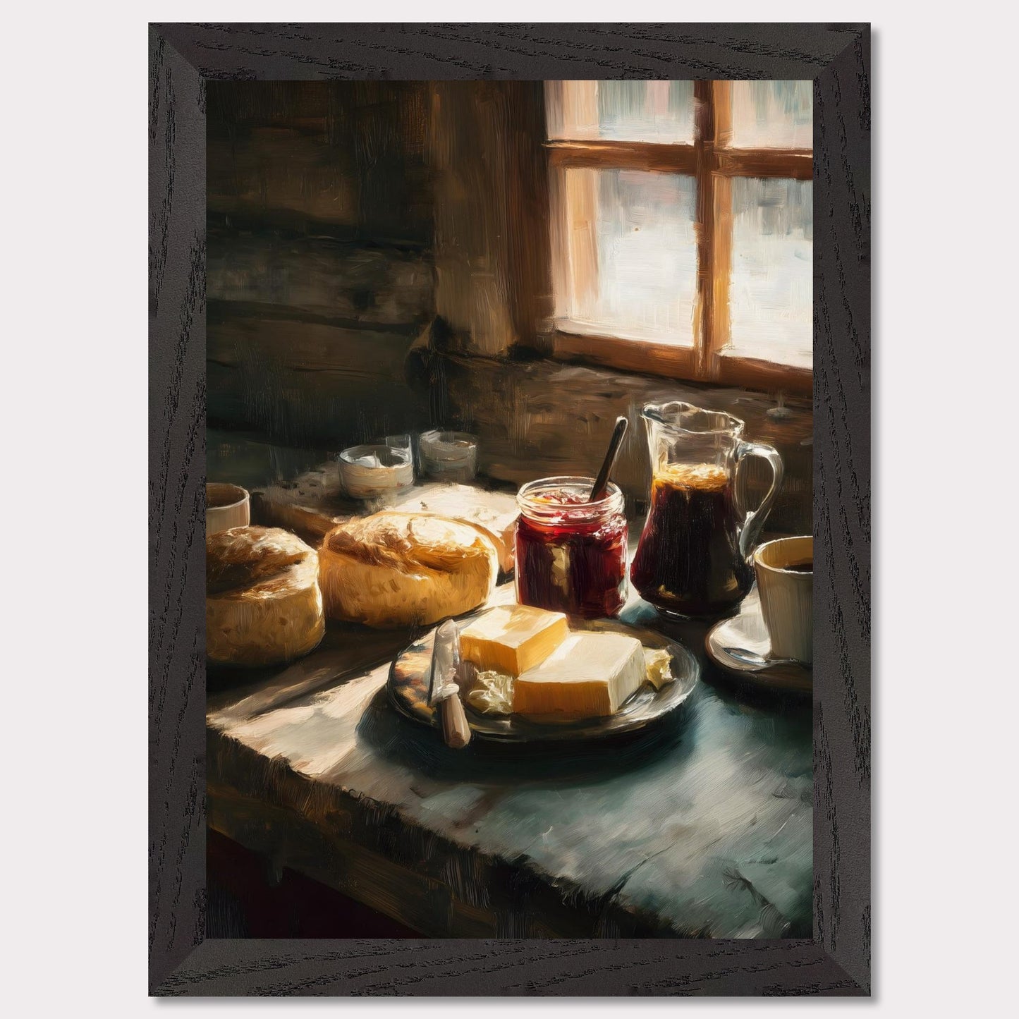 A rustic table holds fresh bread, butter, jam, and coffee beside a glowing window. Steam rises gently from the cup. This image is a quiet start, an ode to taste, ritual, and comfort.