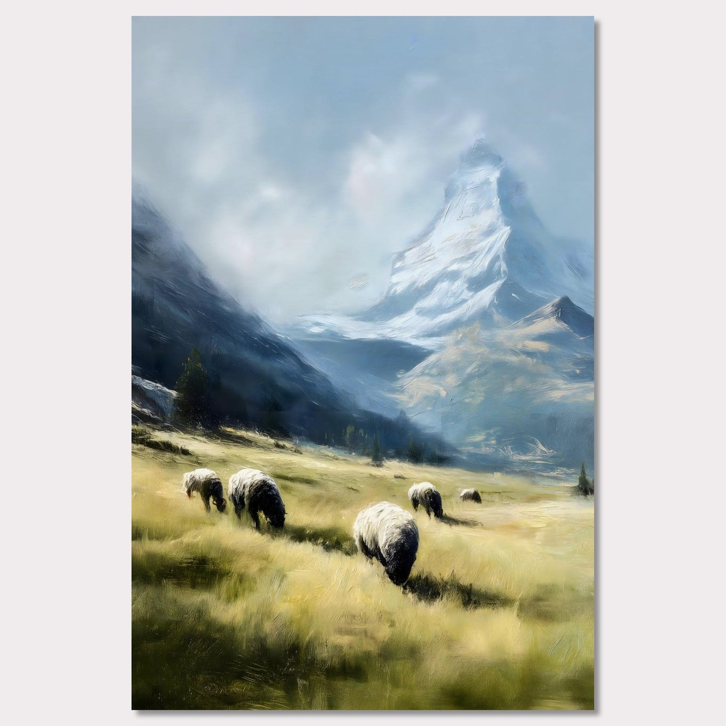In the shadow of the Matterhorn, sheep graze peacefully on sunlit fields. This pastoral scene blends the grandeur of the Alps with the charm of rural life. The softness of the animals and golden grass contrasts beautifully with the snow-covered majesty above.