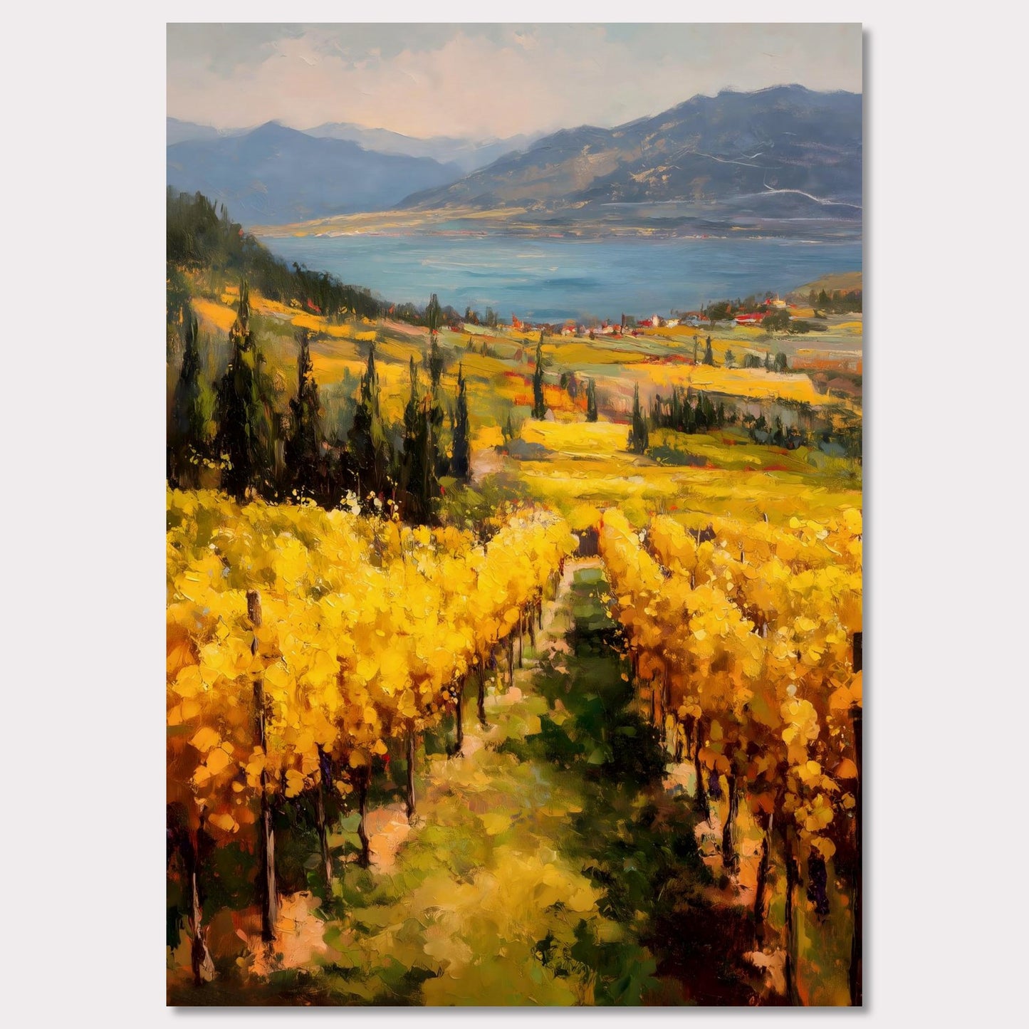 A row of sunlit grapevines leads into rolling fields above the lake. Cypress trees and red roofs add rhythm to the patchwork. This image is a painter’s geometry, an ode to land, season, and order.