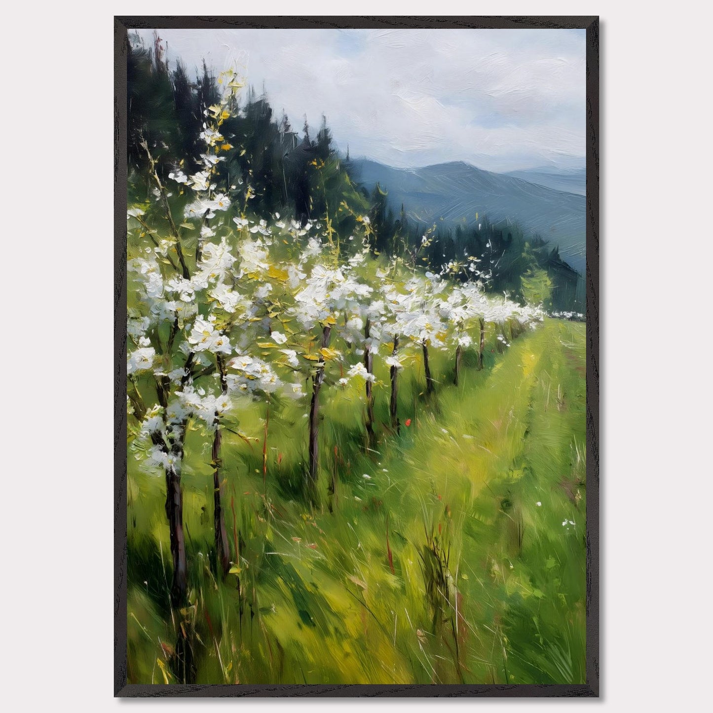 Blossoming trees line a sloped meadow, shining with spring energy. Their petals catch the light like snowflakes, while behind them rise forested hills and soft mountain silhouettes. The air feels fresh, alive, and full of renewal.