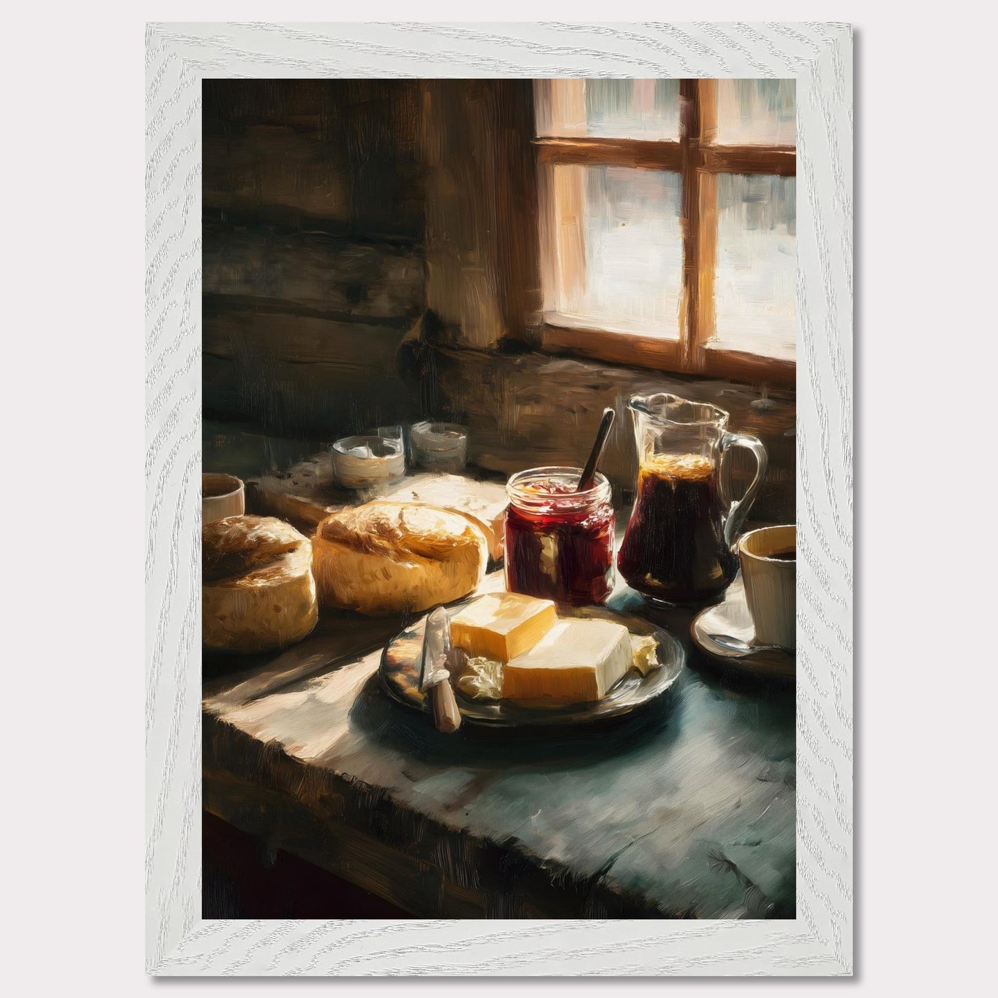 A rustic table holds fresh bread, butter, jam, and coffee beside a glowing window. Steam rises gently from the cup. This image is a quiet start, an ode to taste, ritual, and comfort.