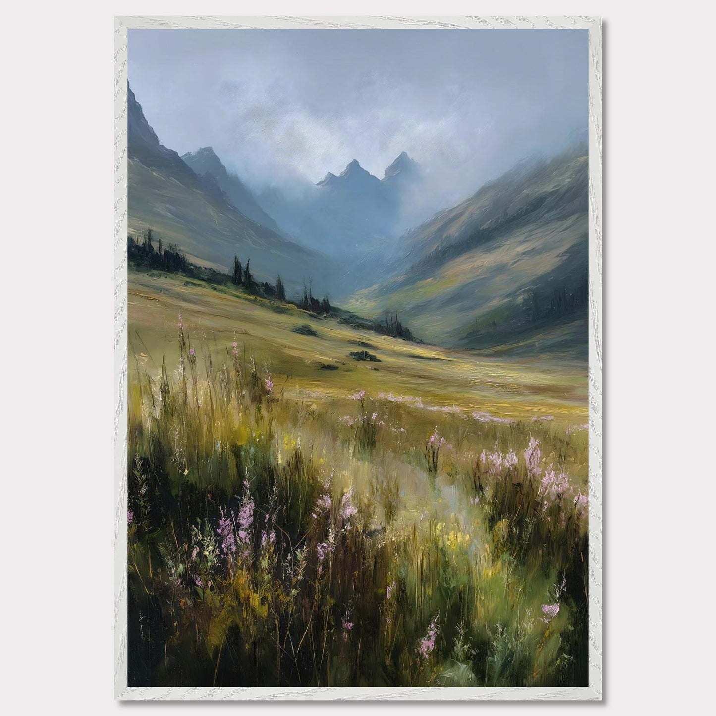 A field of tall alpine grass and soft purple blooms unfolds into misty blue peaks. There's no sign of movement, only the gentle hush of nature breathing. The scene is vast, untamed, and filled with the quiet promise of summer in the highlands.