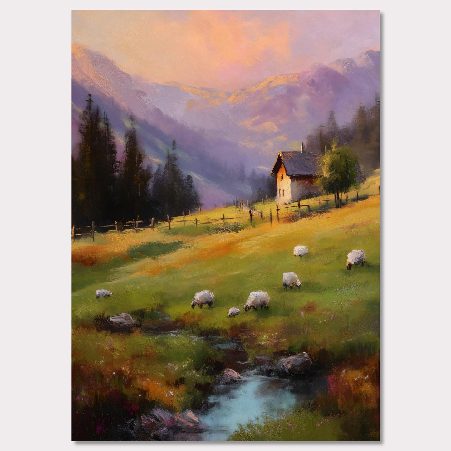 As the sun sets, golden and lavender hues paint the mountain slopes. Sheep graze slowly on the soft green meadow, and a solitary wooden house glows gently under a tree. The scene is tranquil and nostalgic — a perfect harmony of nature, simplicity, and evening calm.