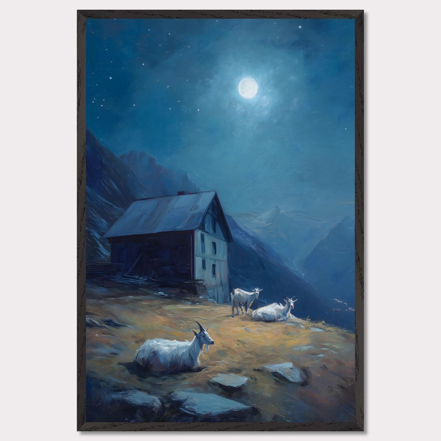 Under a deep blue sky scattered with stars, a mountain slope glows with soft amber light. Goats roam quietly near a rustic alpine hut. This is a portrait of calm routine under a grand sky — both humble and cosmic.