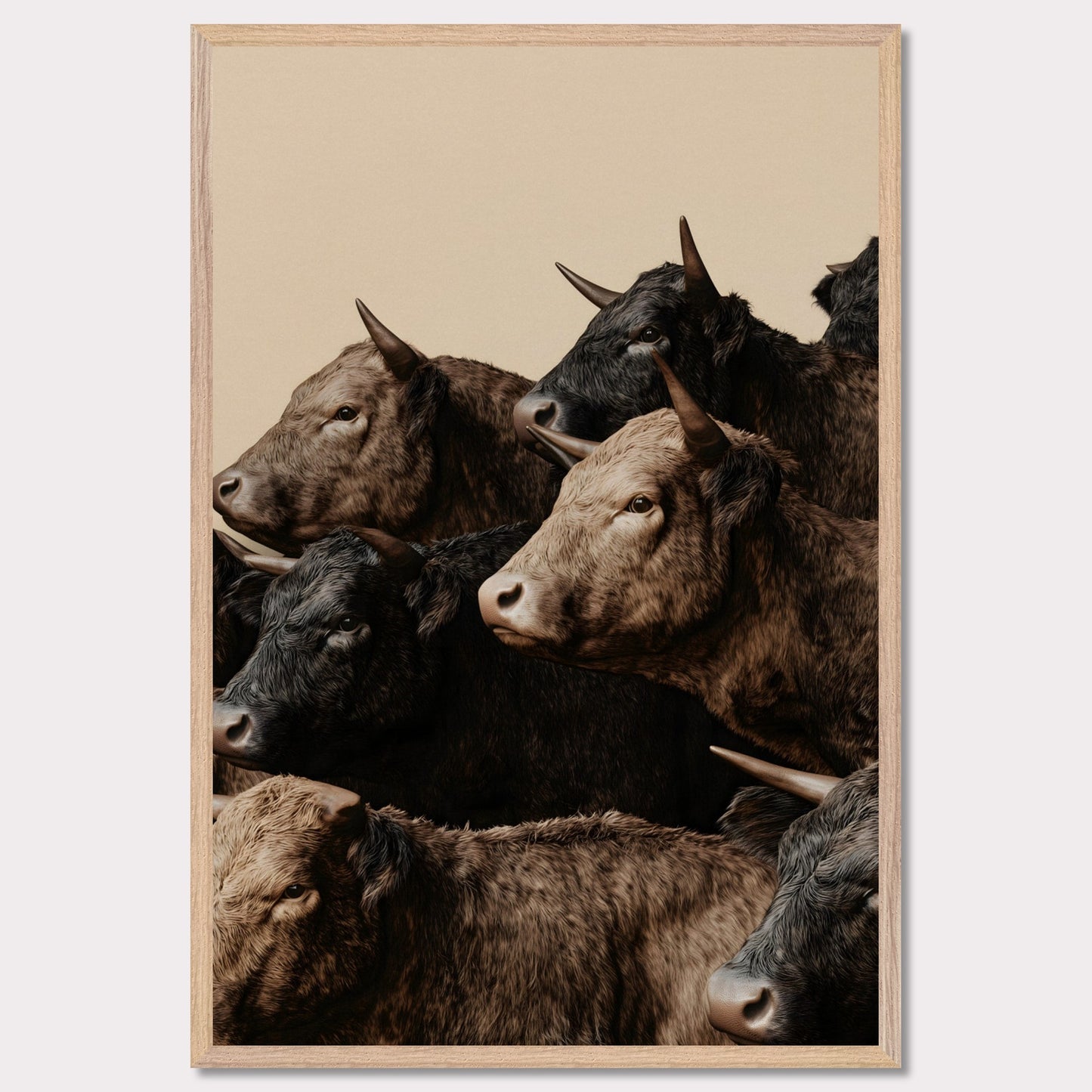 This illustration depicts a group of oxen with varying shades of brown and black fur, closely packed together against a plain beige background.
This poster will fit well in rustic or farmhouse-style interiors, animal-themed spaces, or art collections focusing on wildlife.