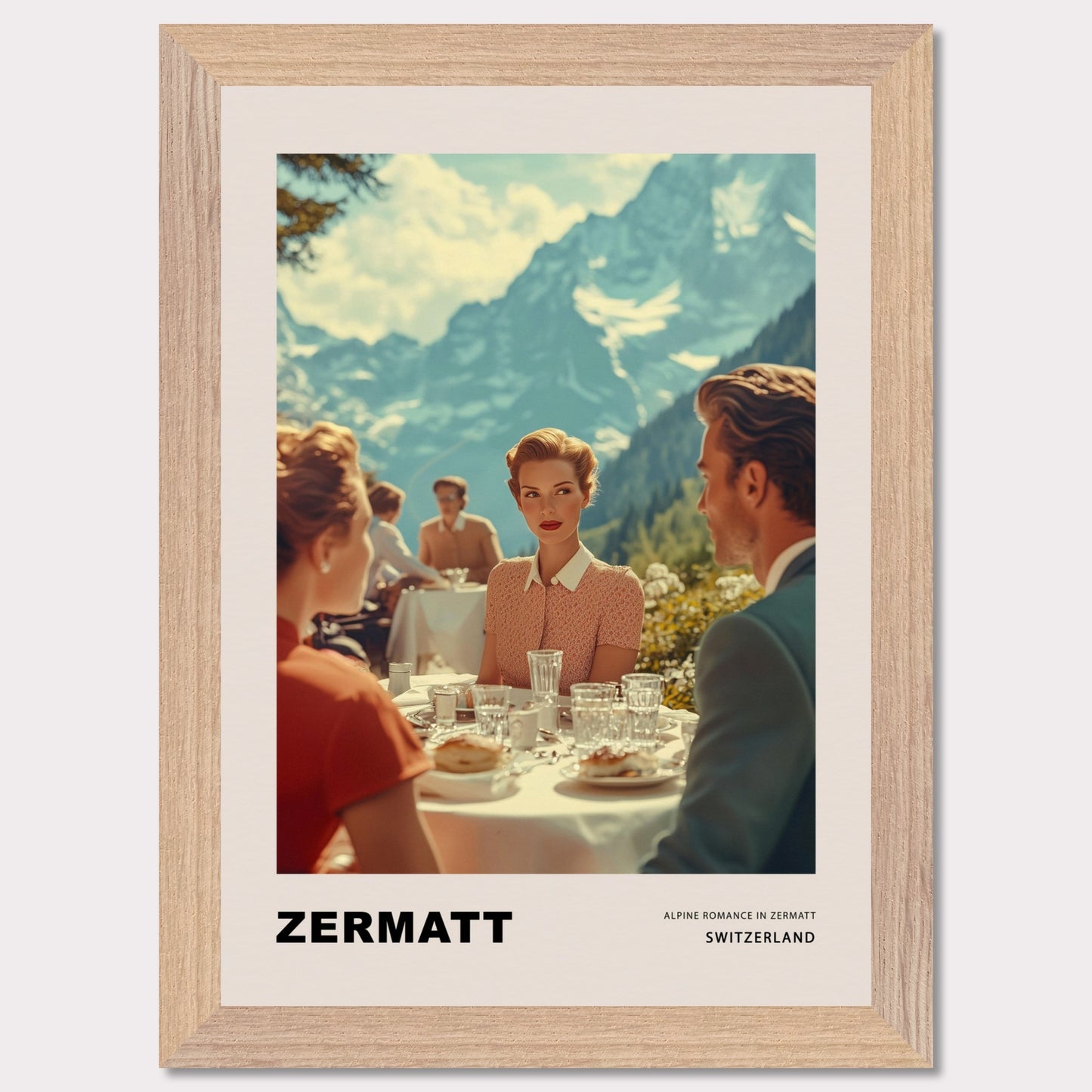 This poster transports us to a world of elegant romance amidst the mountainous landscapes of Zermatt, Switzerland. At the center of the scene is a refined woman with a romantic, enigmatic gaze directed at the man across the table on a café terrace, set against the majestic backdrop of the Alps.
