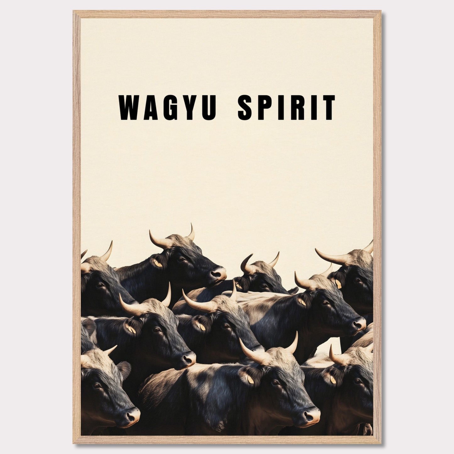 This illustration shows a group of black cattle with horns, set against a light background. The text "WAGYU SPIRIT" is prominently displayed at the top.
This poster will fit well in a kitchen, dining area, restaurant, or any space related to food and culinary arts.