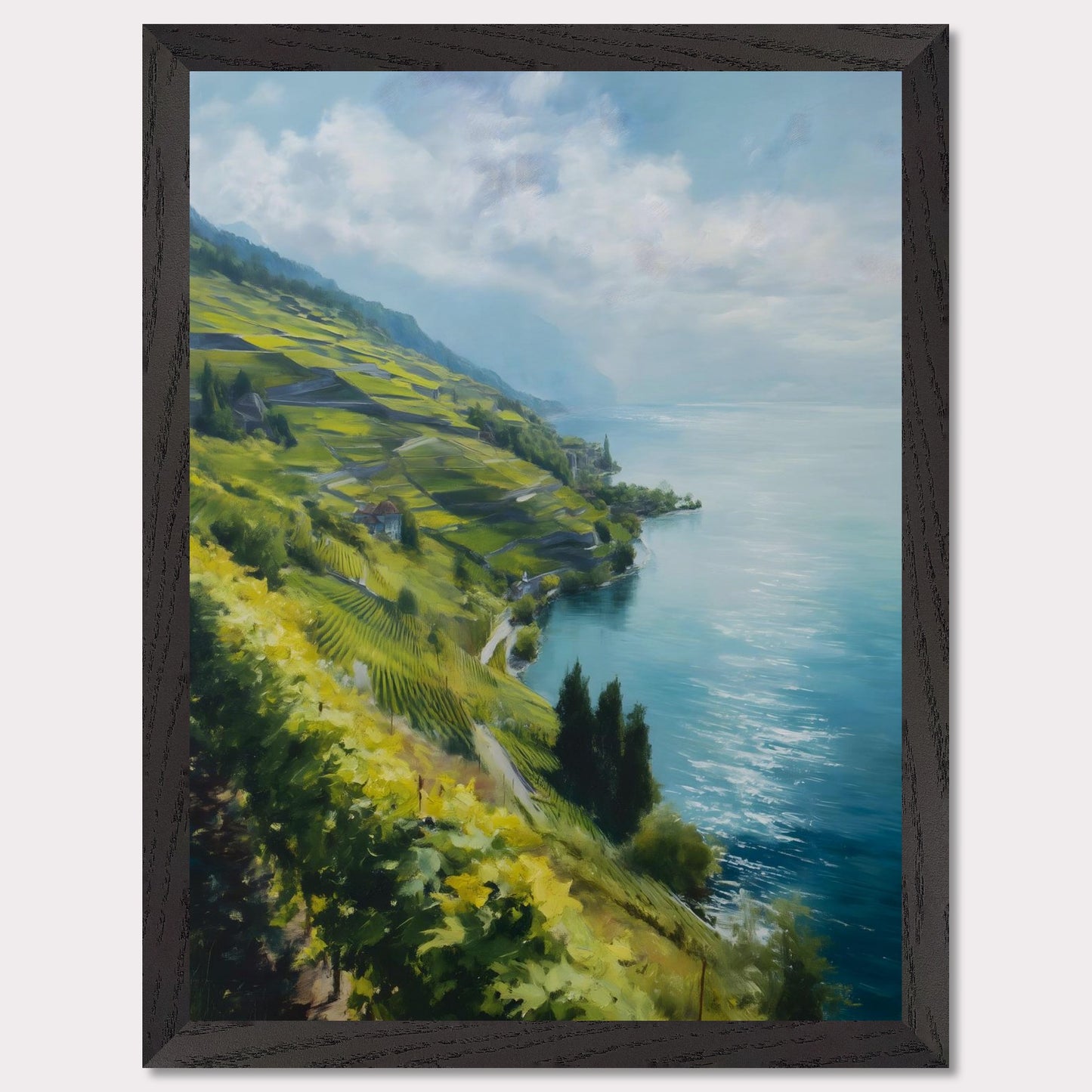 Terraced vines stretch along a quiet shore as morning mist lifts from the water. Blue tones dominate, cooled by wind. This image is a lakeside whisper, an ode to patience, form, and clarity.