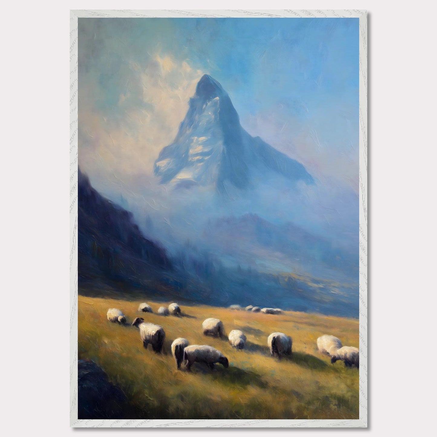 A flock grazes in soft alpine grass as the blue-shadowed Matterhorn rises beyond. Mist curls through the valley’s hush. This image is a gentle morning, an ode to scale, quiet, and presence.
