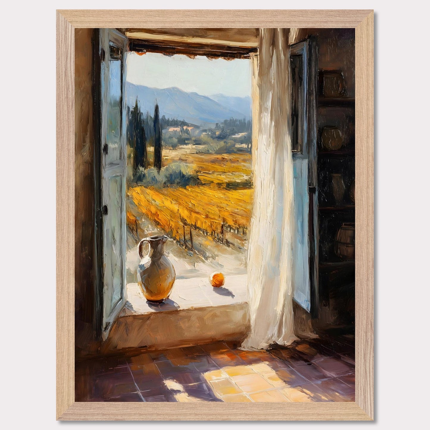 An open shutter reveals golden rows of vineyard glowing in afternoon light. A jug and fruit rest on the sill, as if waiting for someone to return. This image is a sunlit breath, an ode to harvest, pause, and place.