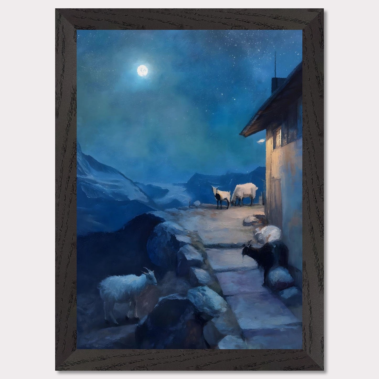 A full moon glows above a tranquil alpine scene, where goats linger quietly near a mountain hut. The sky shimmers with stars, the landscape wrapped in soft blues and shadows. There’s no rush here — only the deep breath of night.