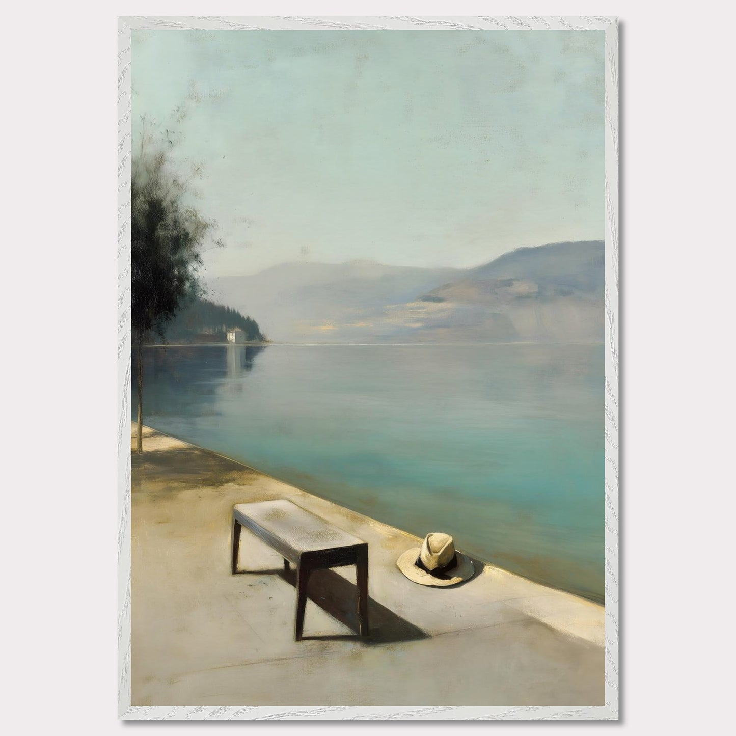 A hat rests beside a bench, left behind or waiting. The water lies smooth as glass, fading into soft mountains and a pale, endless sky. Everything stands still — as if the world paused for breath.