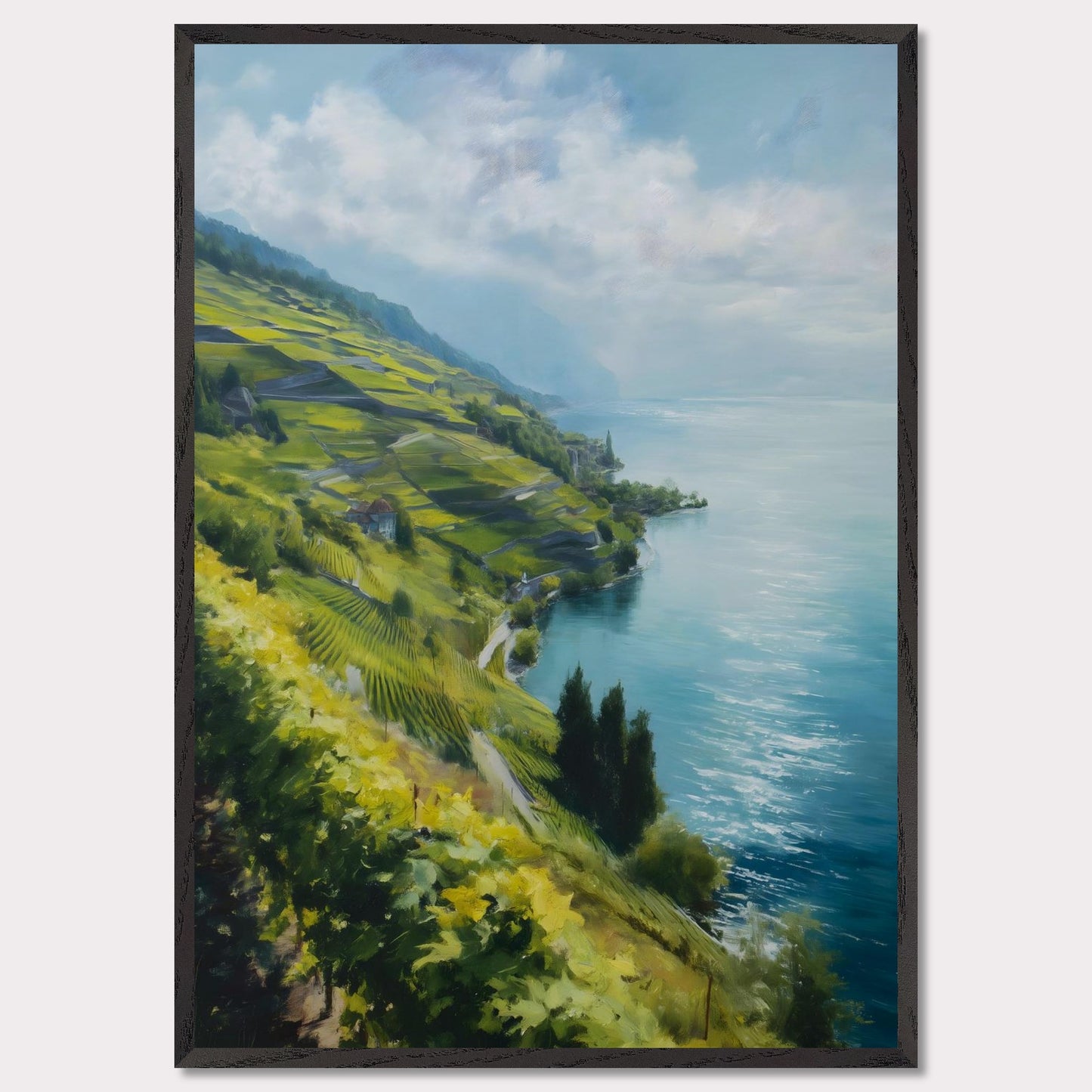 Terraced vines stretch along a quiet shore as morning mist lifts from the water. Blue tones dominate, cooled by wind. This image is a lakeside whisper, an ode to patience, form, and clarity.
