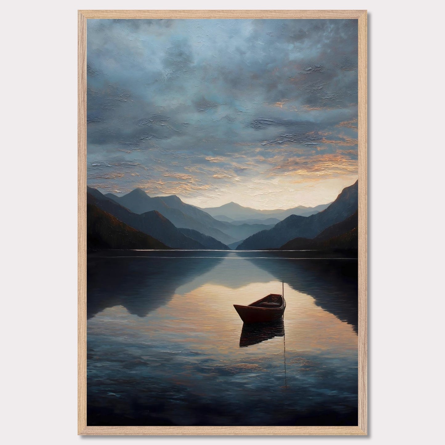 A single red boat floats gently on a vast, darkening lake as mountains fade into layered blues. The sunset brushes the clouds and water with soft amber and grey. A perfect study in stillness, solitude, and awe.