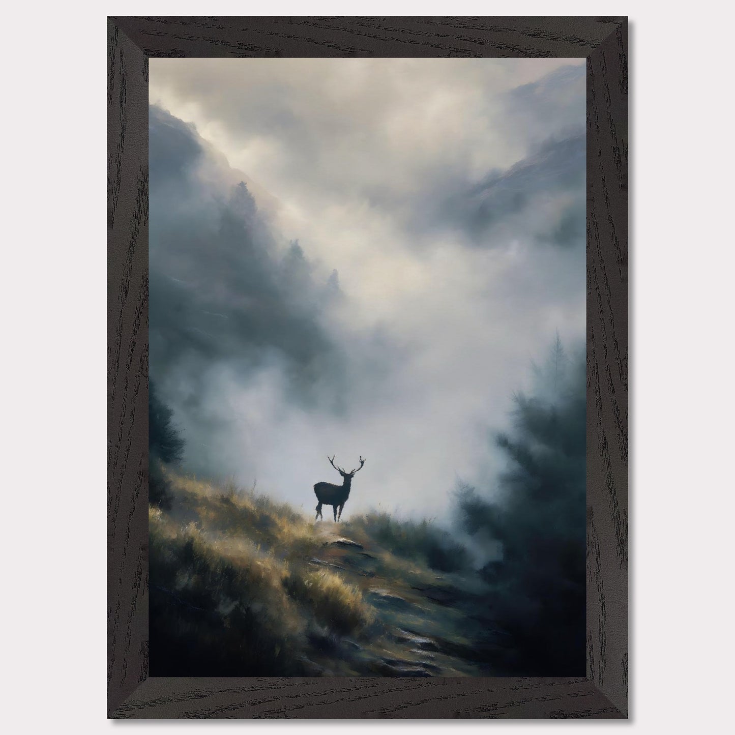 A lone stag stands poised on a highland ridge, where golden grass fades into rising fog. Pines and peaks dissolve into the mist, leaving the deer still and sovereign against the silence. This image is a quiet breath — an ode to wilderness, majesty, and mystery.