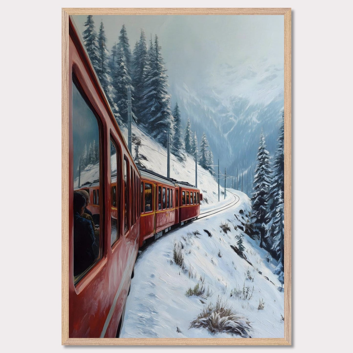 A red alpine train rounds a snow-covered bend, threading between pine-clad slopes and winter valleys. Reflections in the windows hint at warm journeys through a frozen world. This image hums with motion and memory — an homage to travel, contrast, and time.