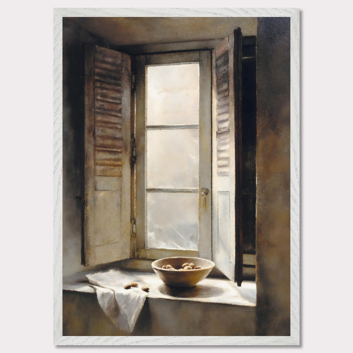 Golden light streams through an old shuttered window, catching the edge of a ceramic bowl filled with walnuts. A linen cloth rests gently nearby, suggesting quiet hands and slow mornings. This image is domestic poetry — a tribute to texture, stillness, and time.