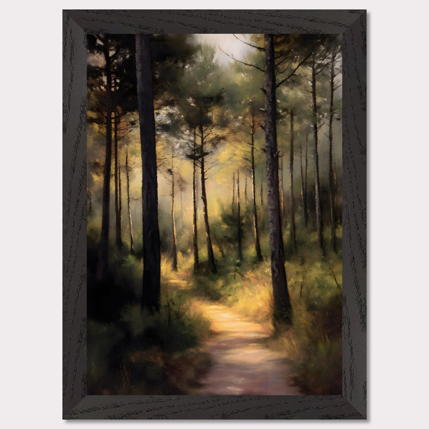 A sunlit forest trail winds through tall trees, their trunks casting long shadows across the mossy ground. Light spills softly in the distance, inviting steps forward into peace. This is not a destination — it's a journey into serenity.