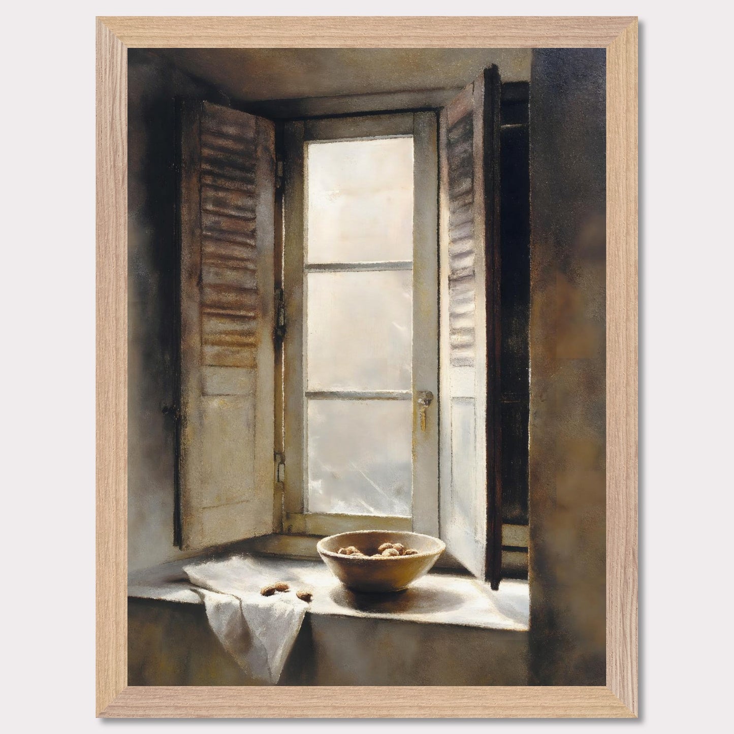 Golden light streams through an old shuttered window, catching the edge of a ceramic bowl filled with walnuts. A linen cloth rests gently nearby, suggesting quiet hands and slow mornings. This image is domestic poetry — a tribute to texture, stillness, and time.