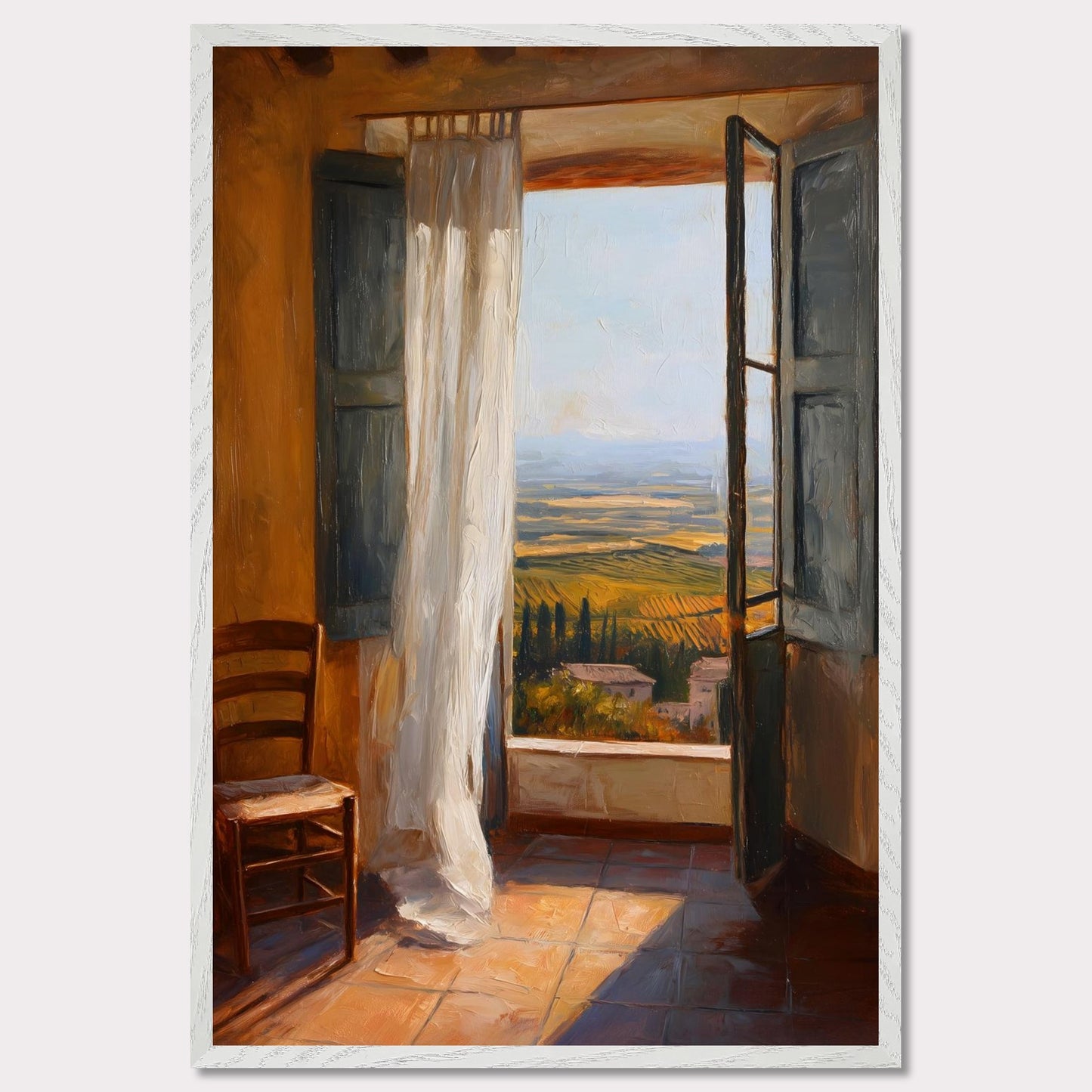 A sheer curtain lifts in warm air as golden vineyards unfold beneath a terracotta sill. A simple wooden chair waits in sunlit silence. This image is a breath of stillness, an ode to rhythm, warmth, and space.