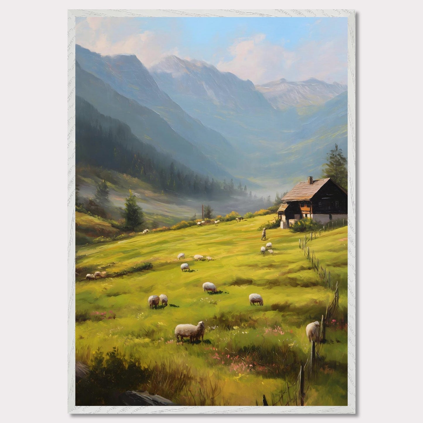 Golden morning light washes over rolling fields as sheep wander freely. A traditional alpine house stands quietly, facing the rising mist among distant peaks. This is the beginning of a calm, purposeful day in the heart of the Alps.