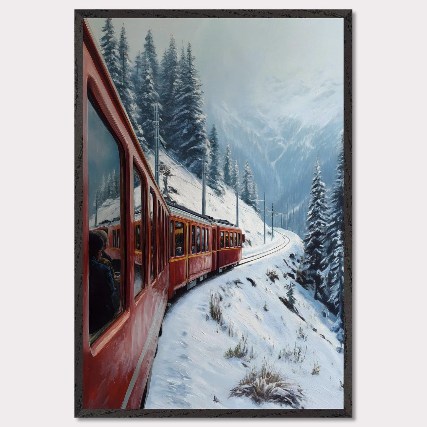 A red alpine train rounds a snow-covered bend, threading between pine-clad slopes and winter valleys. Reflections in the windows hint at warm journeys through a frozen world. This image hums with motion and memory — an homage to travel, contrast, and time.