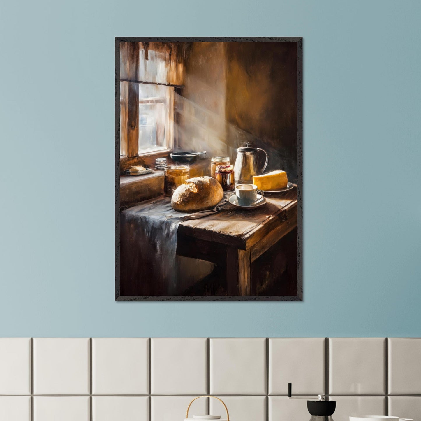 A shaft of morning light breaks across an old table set for one: bread, coffee, and preserves. The cloth catches its edge. This image is a sacred quiet, an ode to morning solitude and sun.