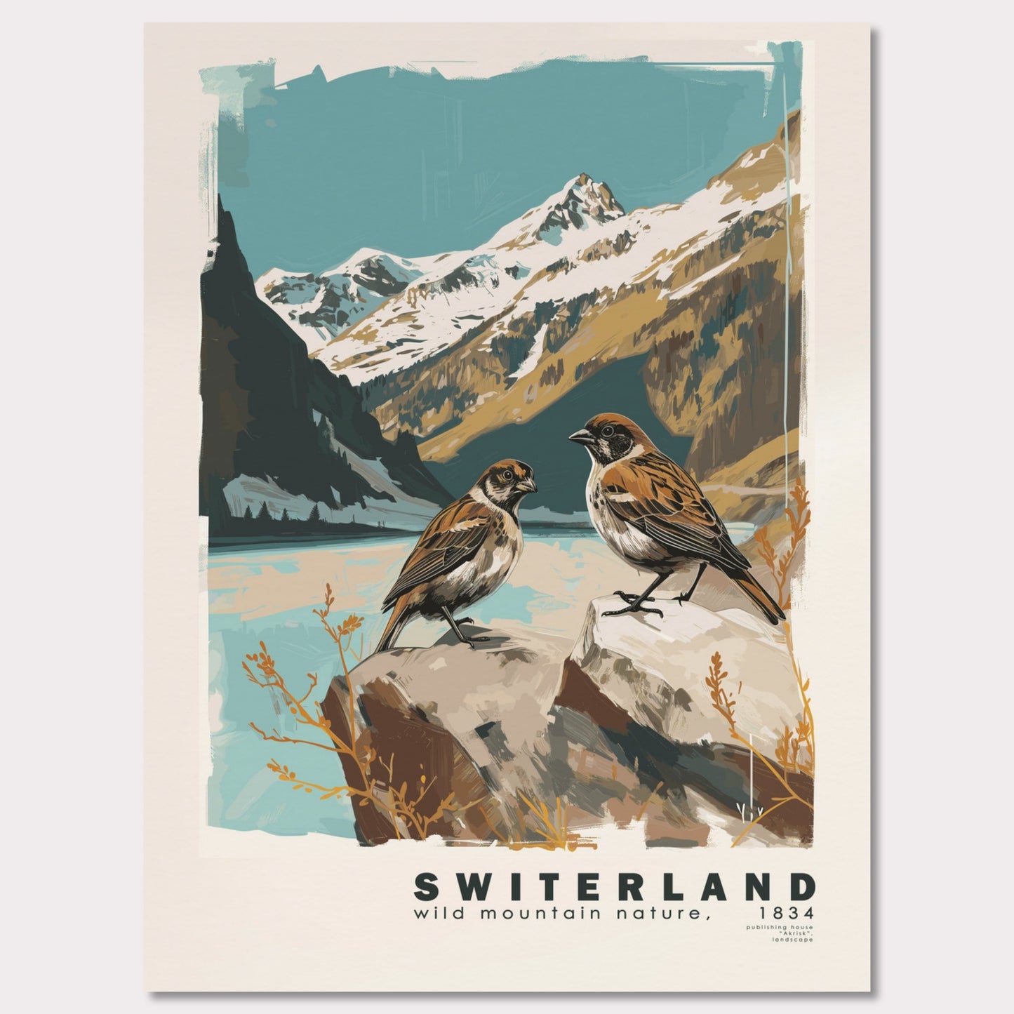 Poster titled 'Swiss Landscape with Birds Poster' from ArtDarts
