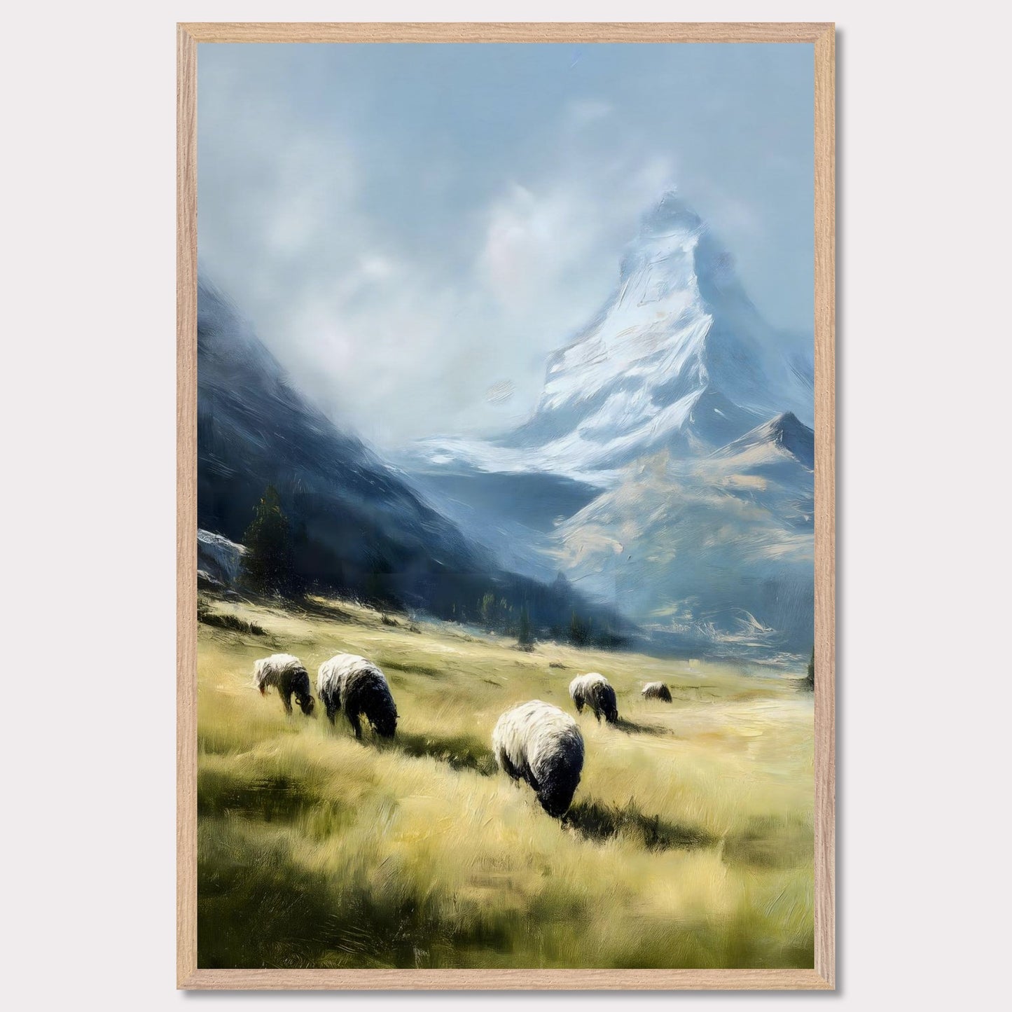 In the shadow of the Matterhorn, sheep graze peacefully on sunlit fields. This pastoral scene blends the grandeur of the Alps with the charm of rural life. The softness of the animals and golden grass contrasts beautifully with the snow-covered majesty above.