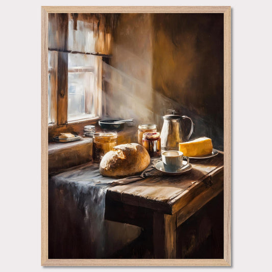 A shaft of morning light breaks across an old table set for one: bread, coffee, and preserves. The cloth catches its edge. This image is a sacred quiet, an ode to morning solitude and sun.