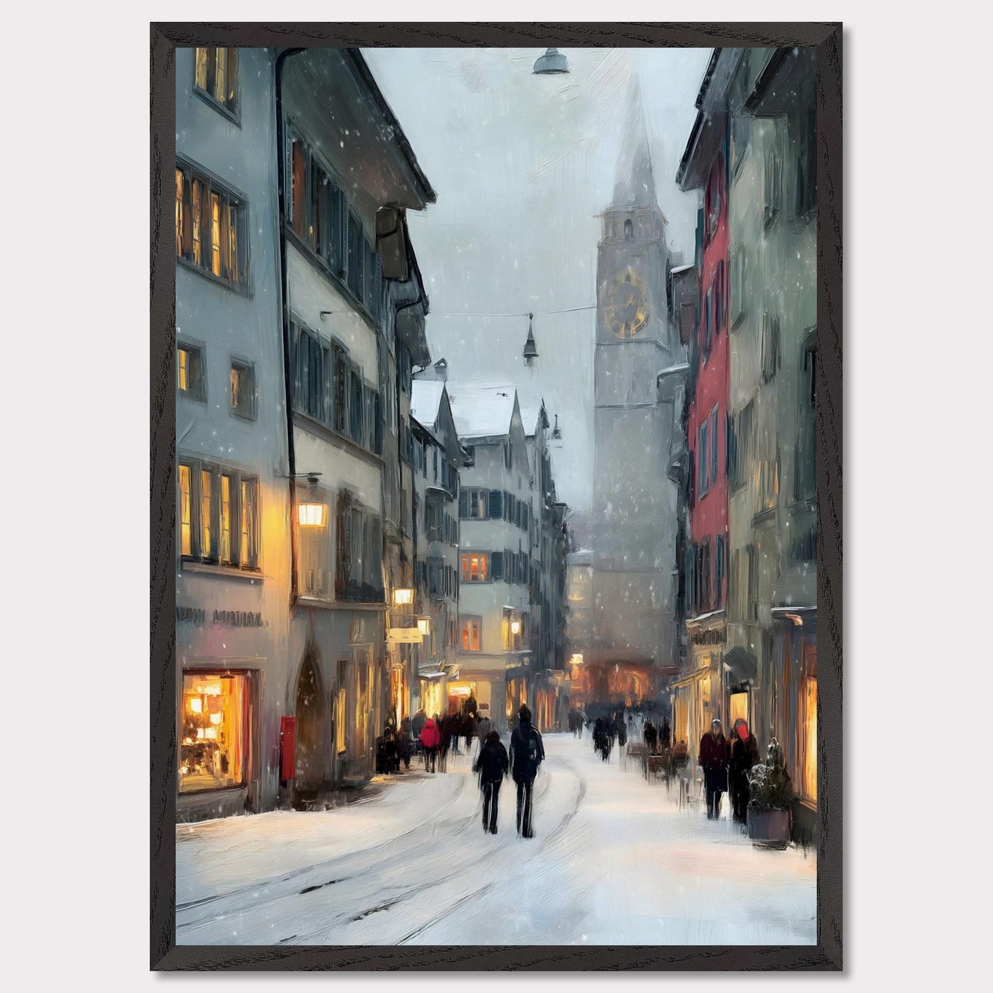 Snow falls gently between old town facades as people wander through glowing windows and quiet alleys. Time seems to slow. This image is a winter stroll, an ode to dusk, city calm, and warmth within.