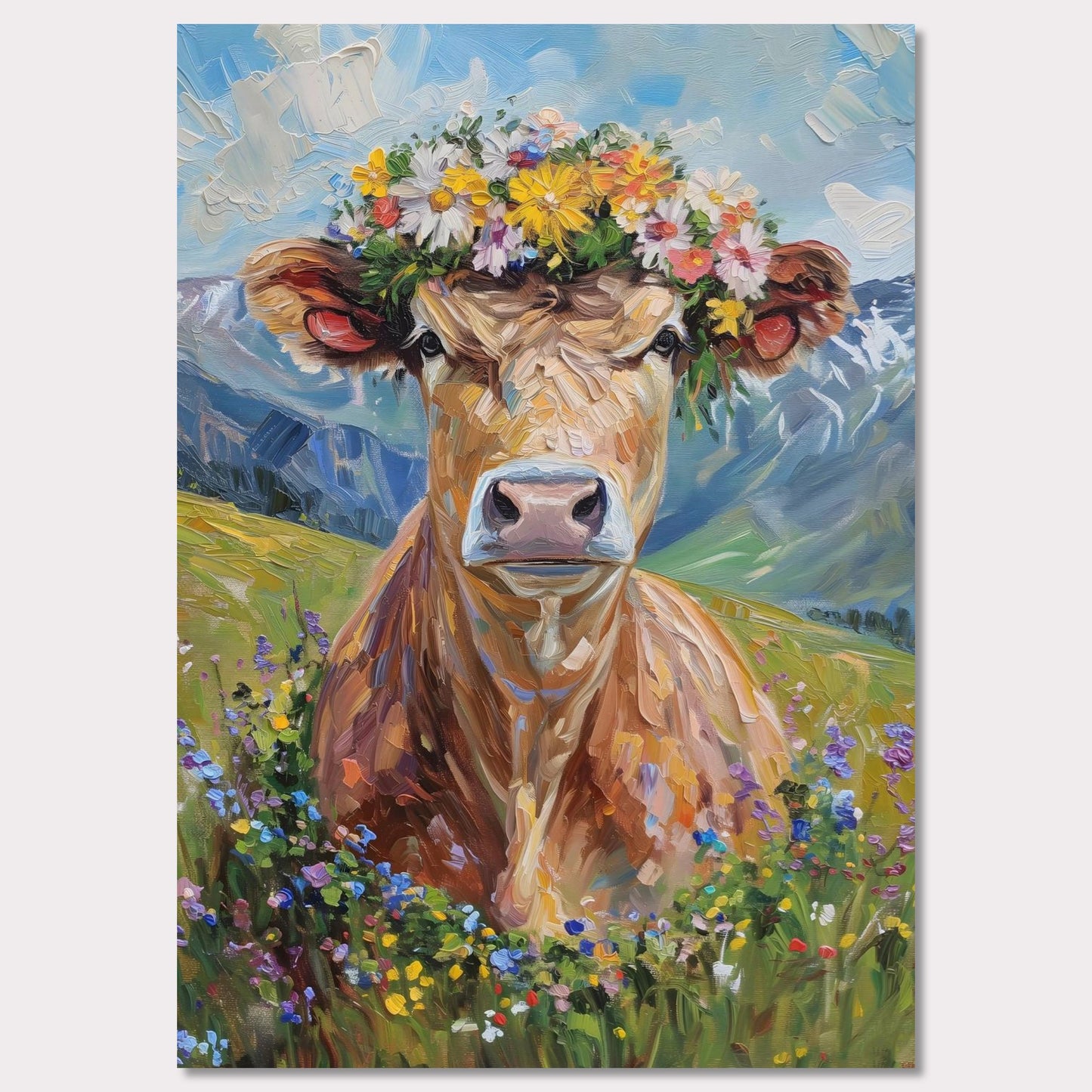 Poster titled 'Fluffy cow in a wreath Poster' from ArtDarts
