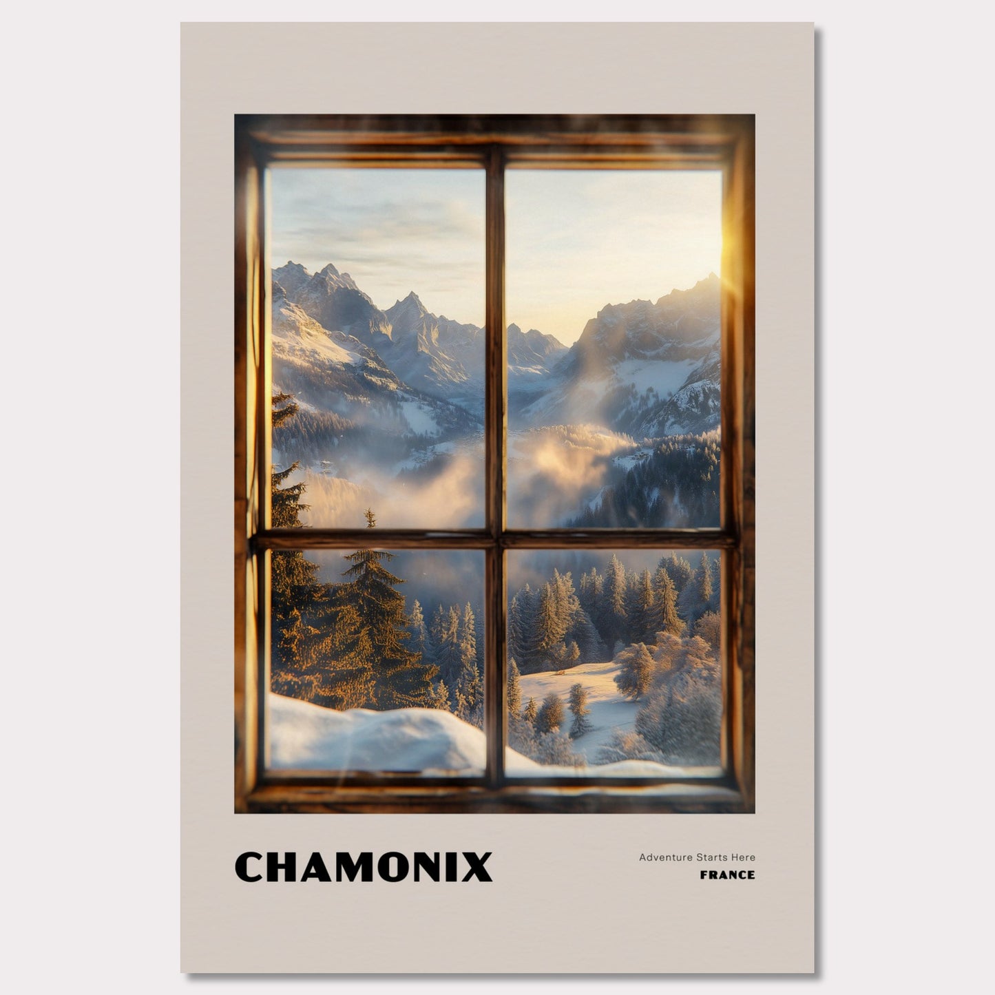 Poster titled 'CHAMONIX. Adventure Starts Here' from ArtDarts