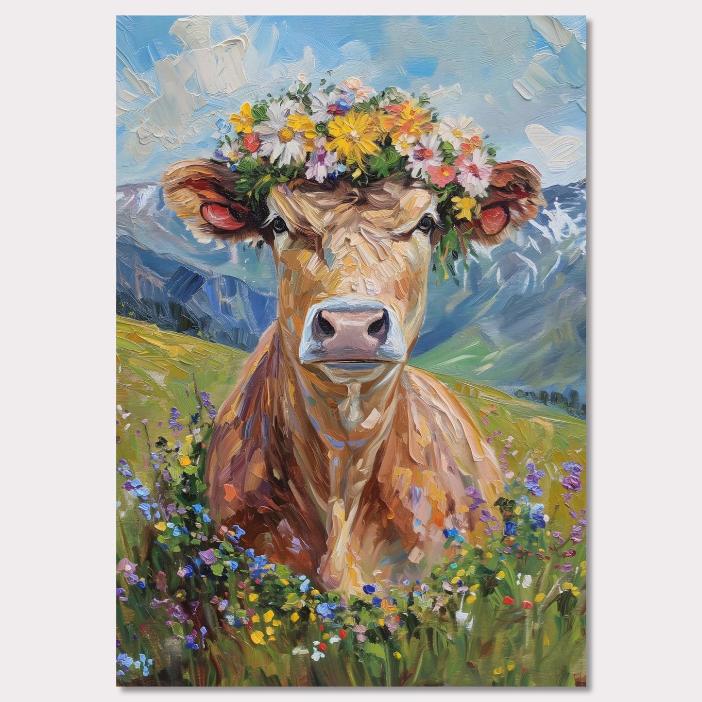 Poster titled 'Fluffy cow in a wreath Poster' from ArtDarts