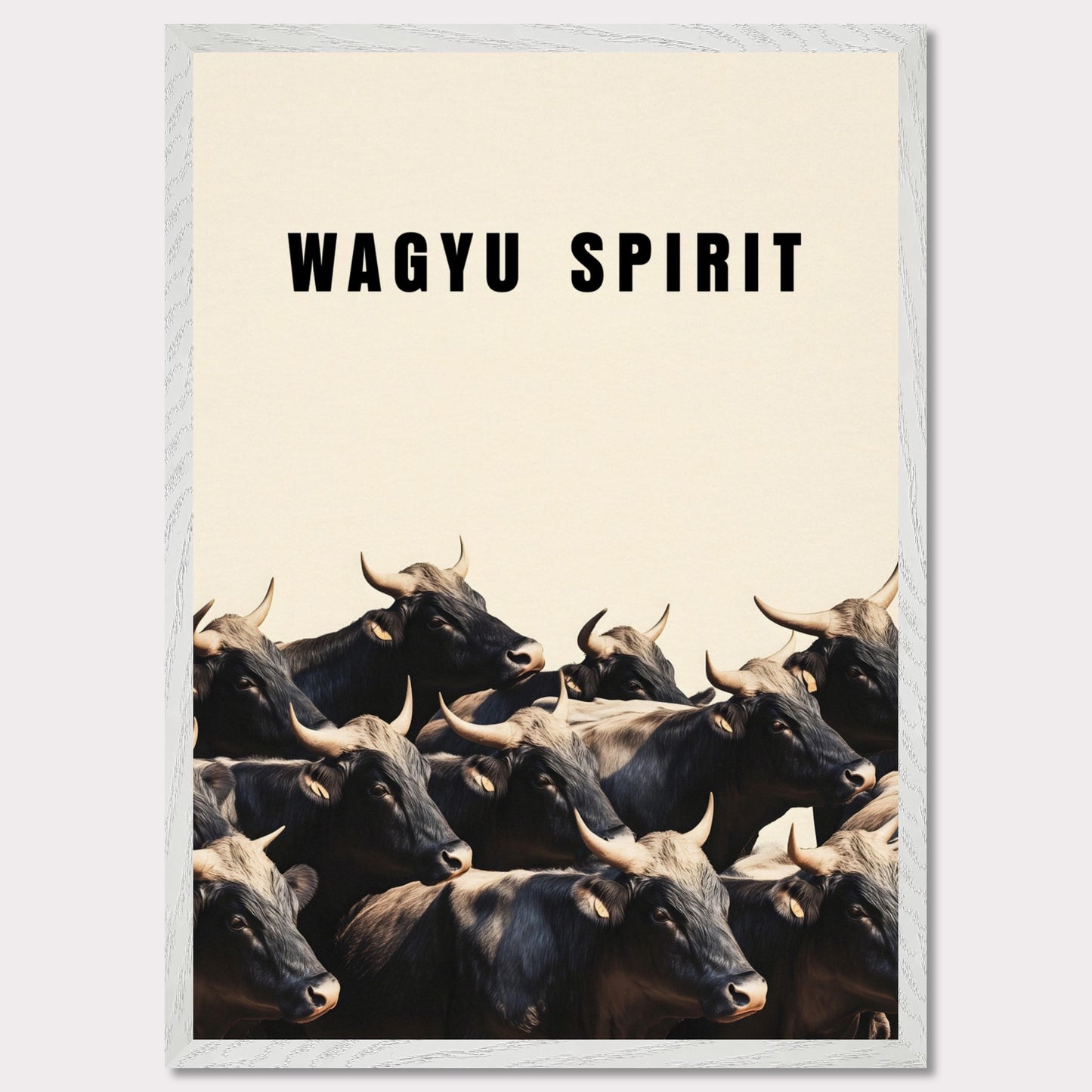 This illustration shows a group of black cattle with horns, set against a light background. The text "WAGYU SPIRIT" is prominently displayed at the top.
This poster will fit well in a kitchen, dining area, restaurant, or any space related to food and culinary arts.