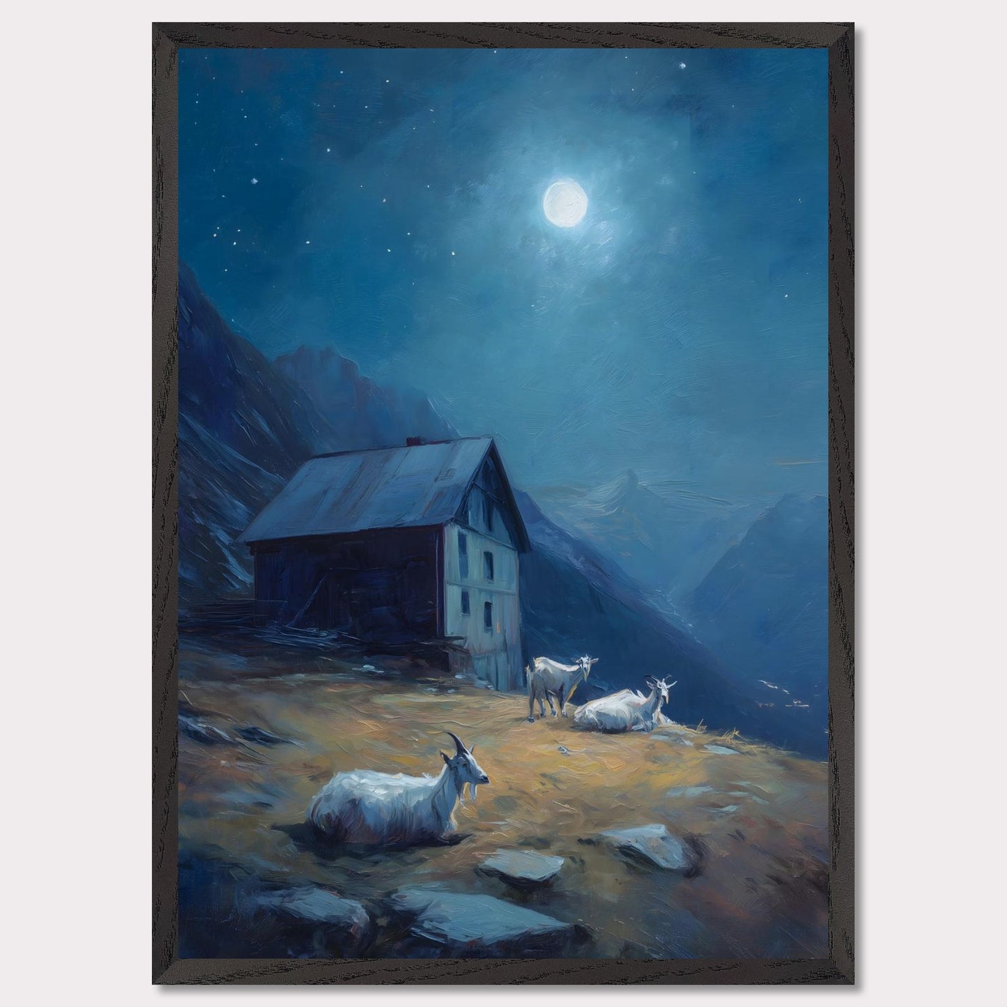 Under a deep blue sky scattered with stars, a mountain slope glows with soft amber light. Goats roam quietly near a rustic alpine hut. This is a portrait of calm routine under a grand sky — both humble and cosmic.