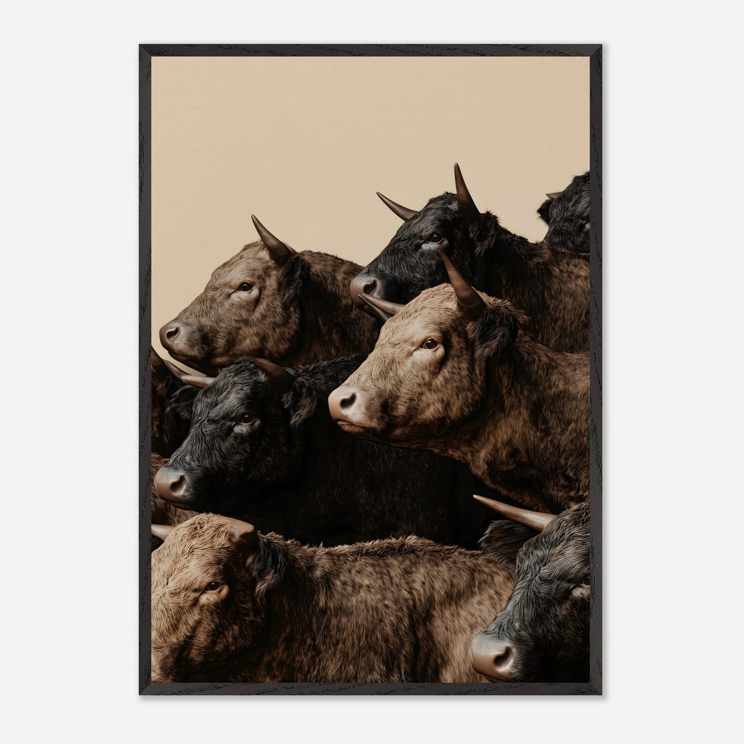 This illustration depicts a group of oxen with varying shades of brown and black fur, closely packed together against a plain beige background.
This poster will fit well in rustic or farmhouse-style interiors, animal-themed spaces, or art collections focusing on wildlife.