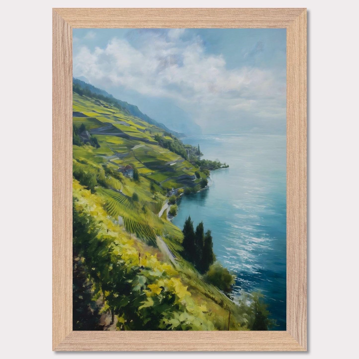 Terraced vines stretch along a quiet shore as morning mist lifts from the water. Blue tones dominate, cooled by wind. This image is a lakeside whisper, an ode to patience, form, and clarity.