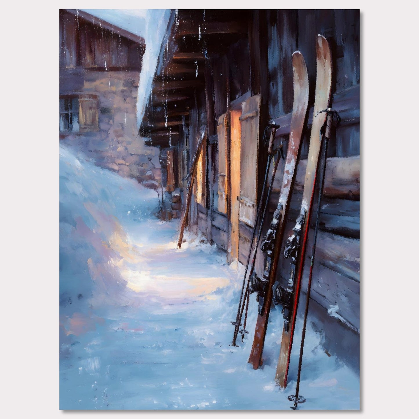 Poster titled 'Skis by the Barn, Evening Descent' from ArtDarts