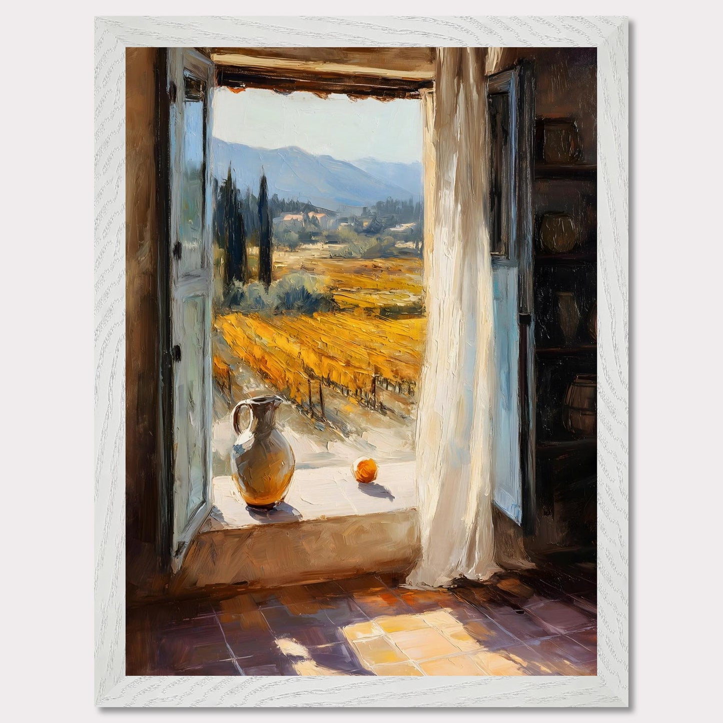 An open shutter reveals golden rows of vineyard glowing in afternoon light. A jug and fruit rest on the sill, as if waiting for someone to return. This image is a sunlit breath, an ode to harvest, pause, and place.