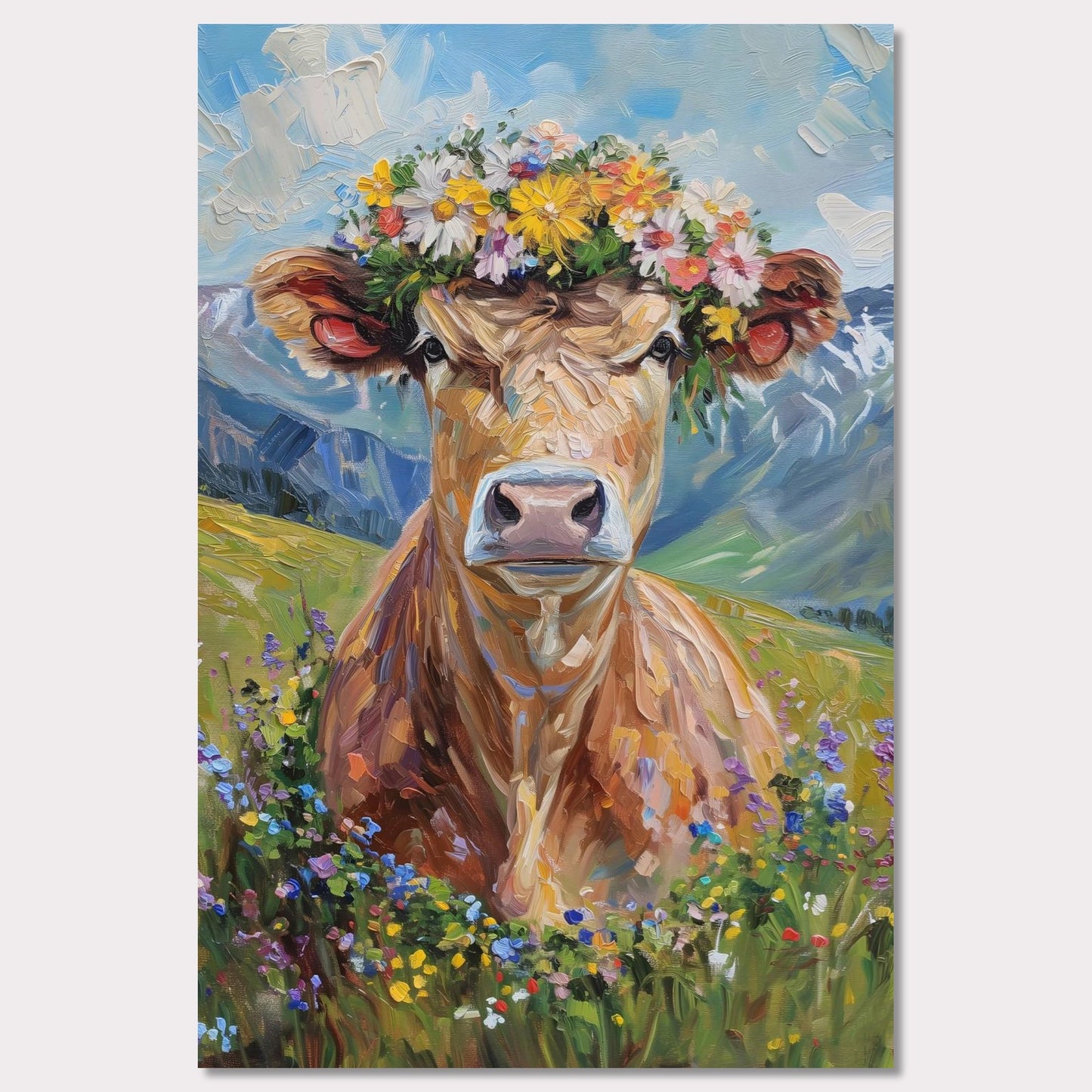 Poster titled 'Fluffy cow in a wreath Poster' from ArtDarts