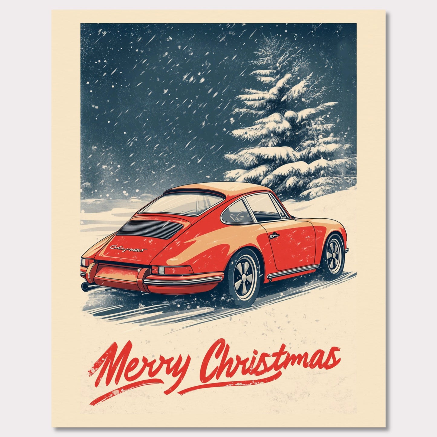 Poster titled 'Merry Christmas - Porsche in the Snow' from ArtDarts