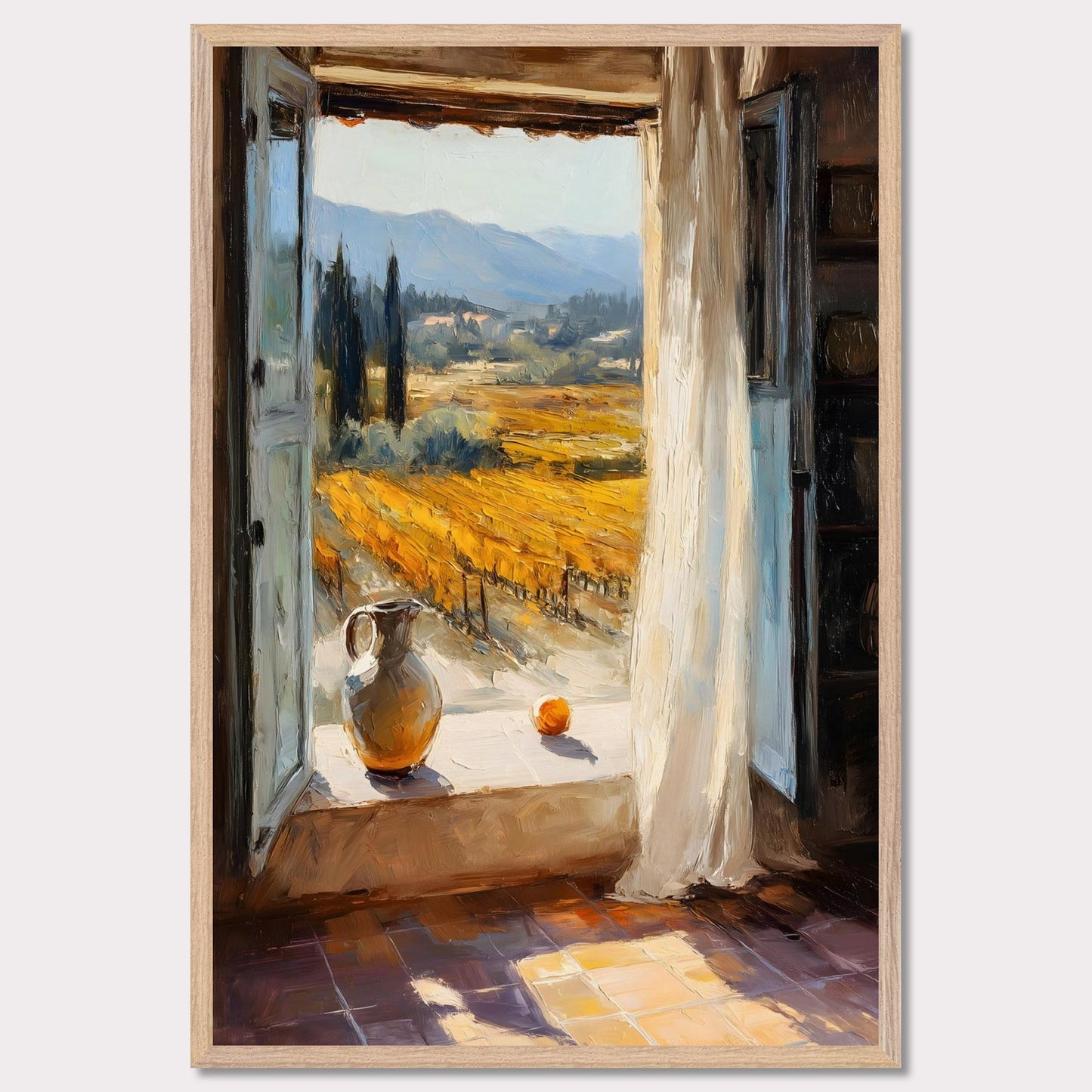 An open shutter reveals golden rows of vineyard glowing in afternoon light. A jug and fruit rest on the sill, as if waiting for someone to return. This image is a sunlit breath, an ode to harvest, pause, and place.