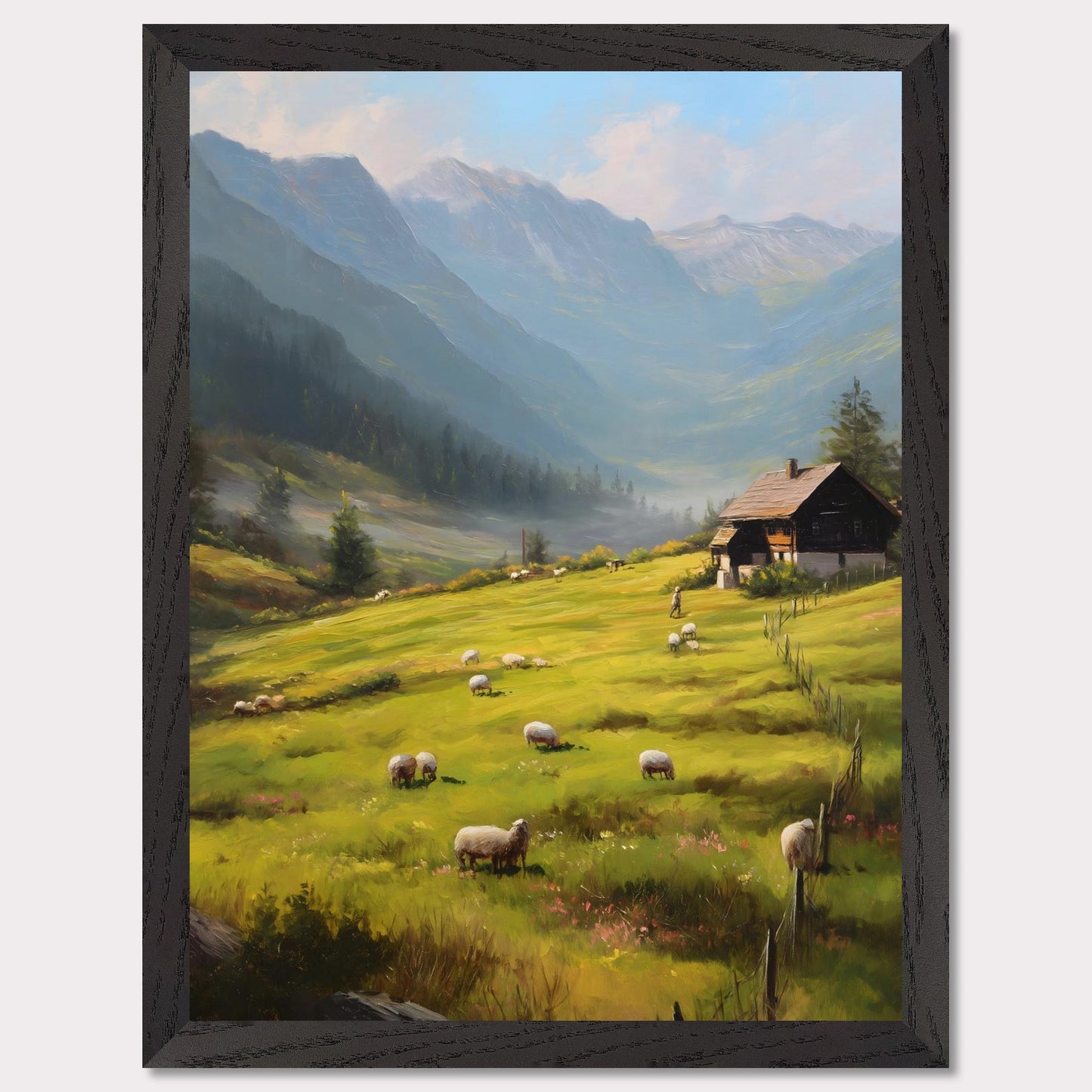 Golden morning light washes over rolling fields as sheep wander freely. A traditional alpine house stands quietly, facing the rising mist among distant peaks. This is the beginning of a calm, purposeful day in the heart of the Alps.