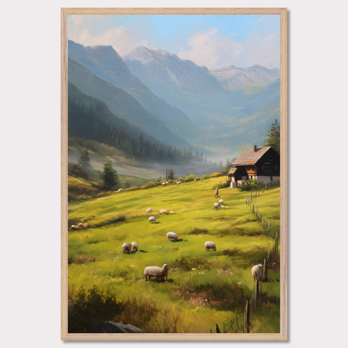 Golden morning light washes over rolling fields as sheep wander freely. A traditional alpine house stands quietly, facing the rising mist among distant peaks. This is the beginning of a calm, purposeful day in the heart of the Alps.
