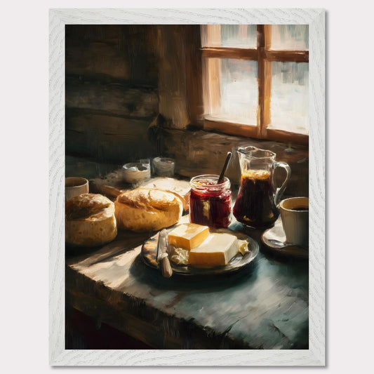 A rustic table holds fresh bread, butter, jam, and coffee beside a glowing window. Steam rises gently from the cup. This image is a quiet start, an ode to taste, ritual, and comfort.