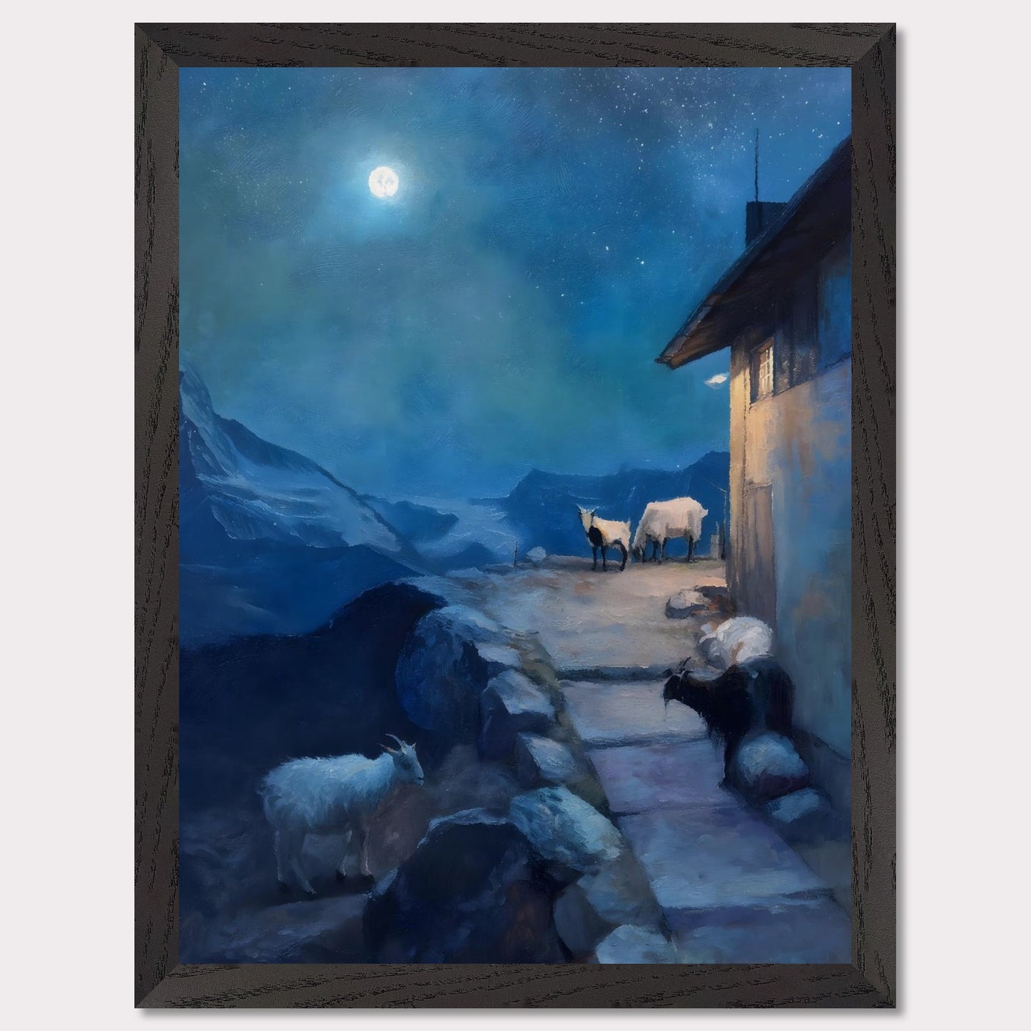 A full moon glows above a tranquil alpine scene, where goats linger quietly near a mountain hut. The sky shimmers with stars, the landscape wrapped in soft blues and shadows. There’s no rush here — only the deep breath of night.