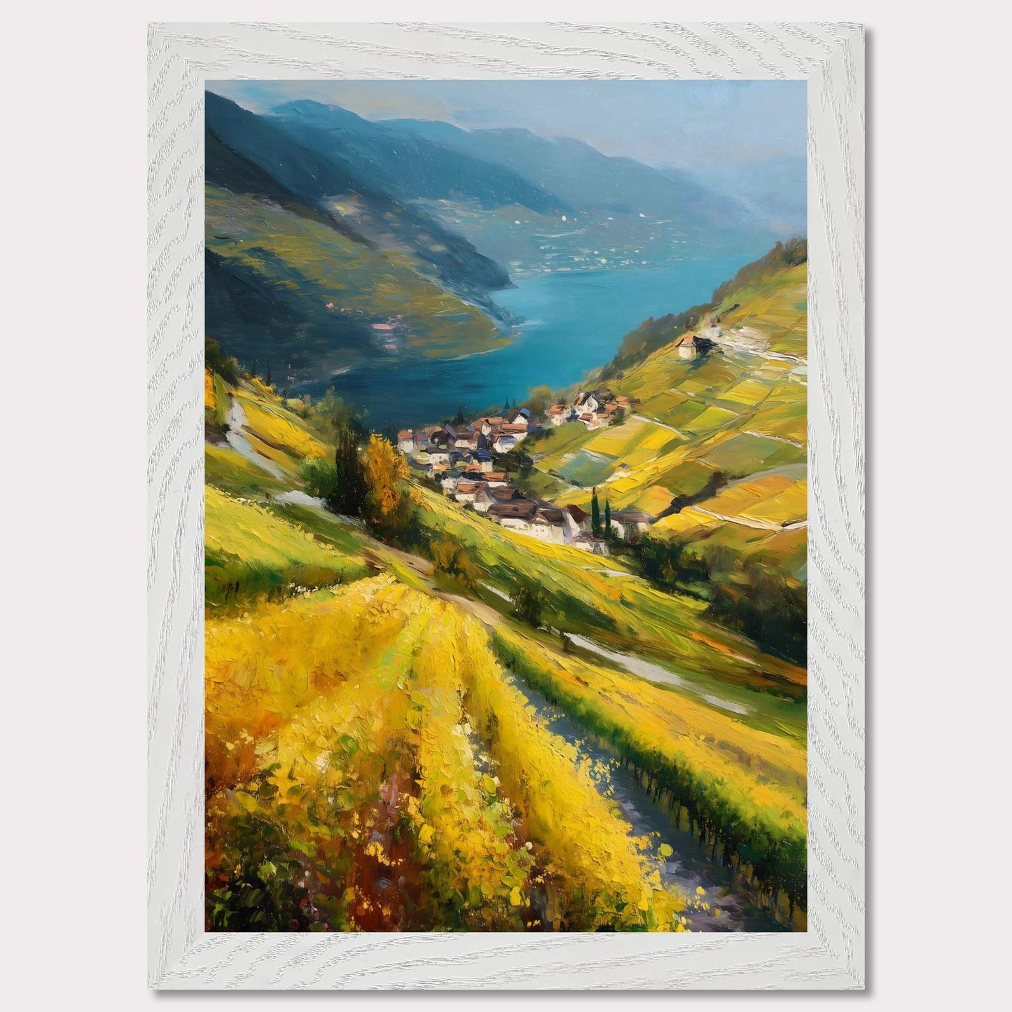 d2b40726-ef35-4311-8fa1-fe18e34498e5ФGolden vineyards sweep down steep hills toward a quiet lake village. The water shimmers like a mirror between blue ridges. This image is a flowing hillside, an ode to light, labor, and view.