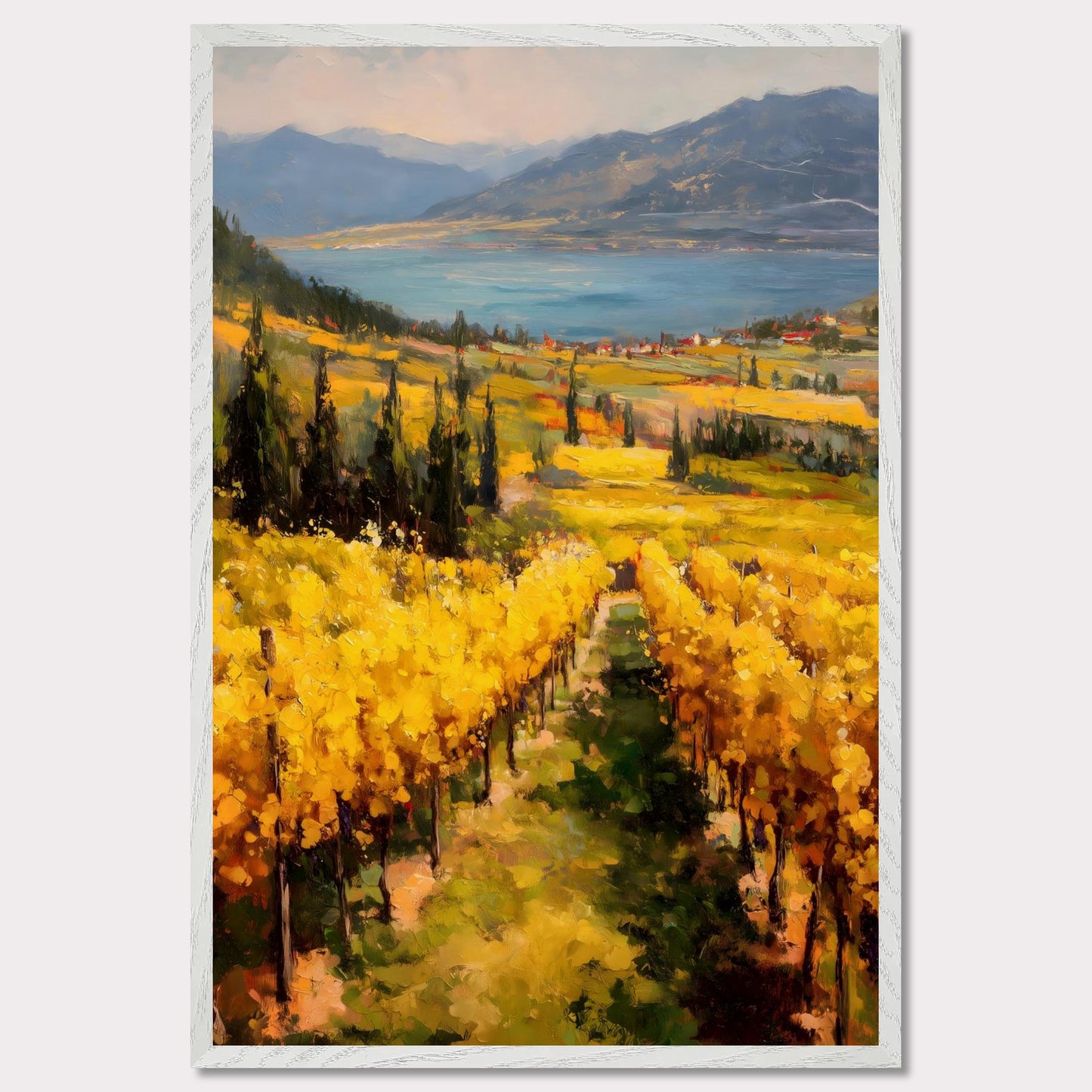 A row of sunlit grapevines leads into rolling fields above the lake. Cypress trees and red roofs add rhythm to the patchwork. This image is a painter’s geometry, an ode to land, season, and order.