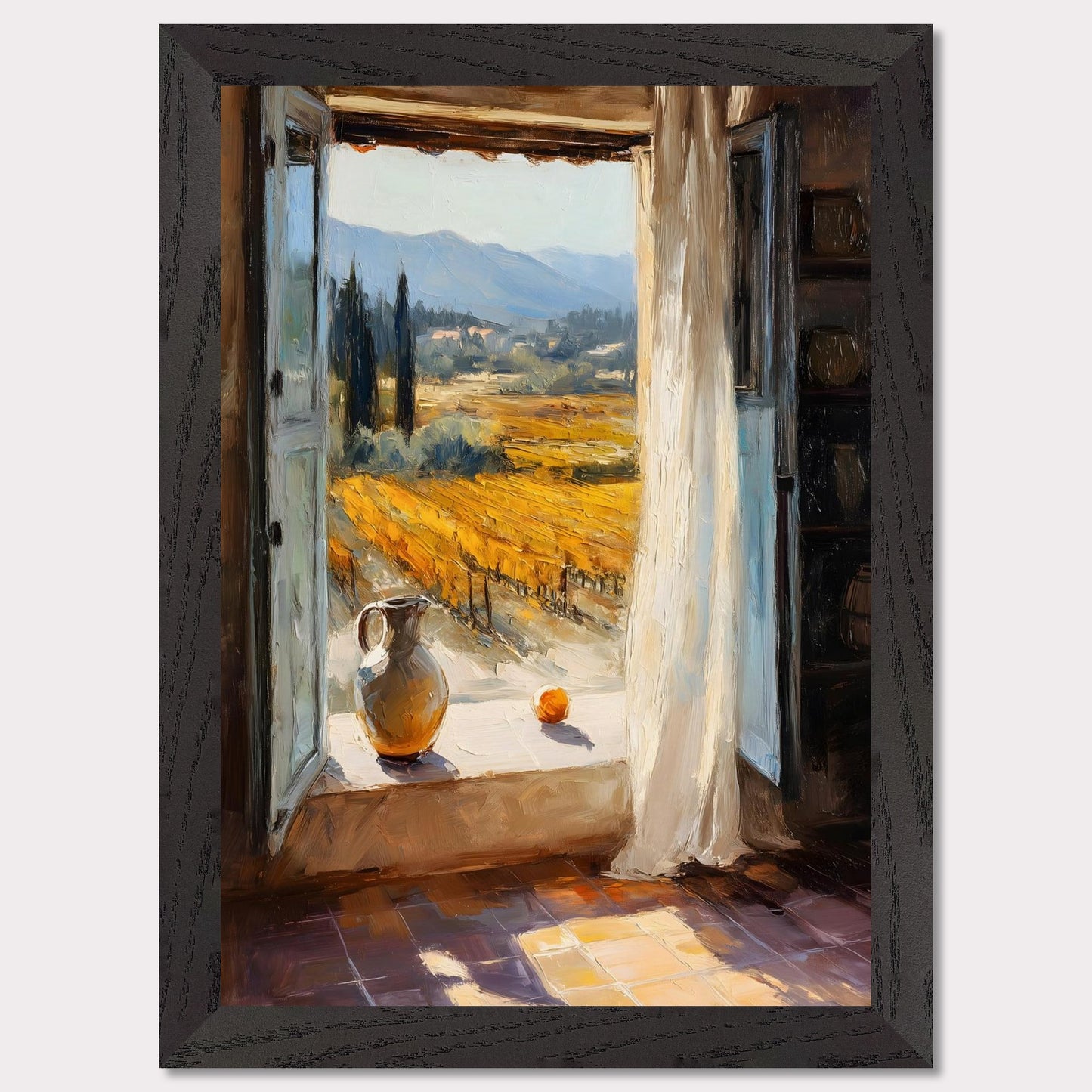 An open shutter reveals golden rows of vineyard glowing in afternoon light. A jug and fruit rest on the sill, as if waiting for someone to return. This image is a sunlit breath, an ode to harvest, pause, and place.